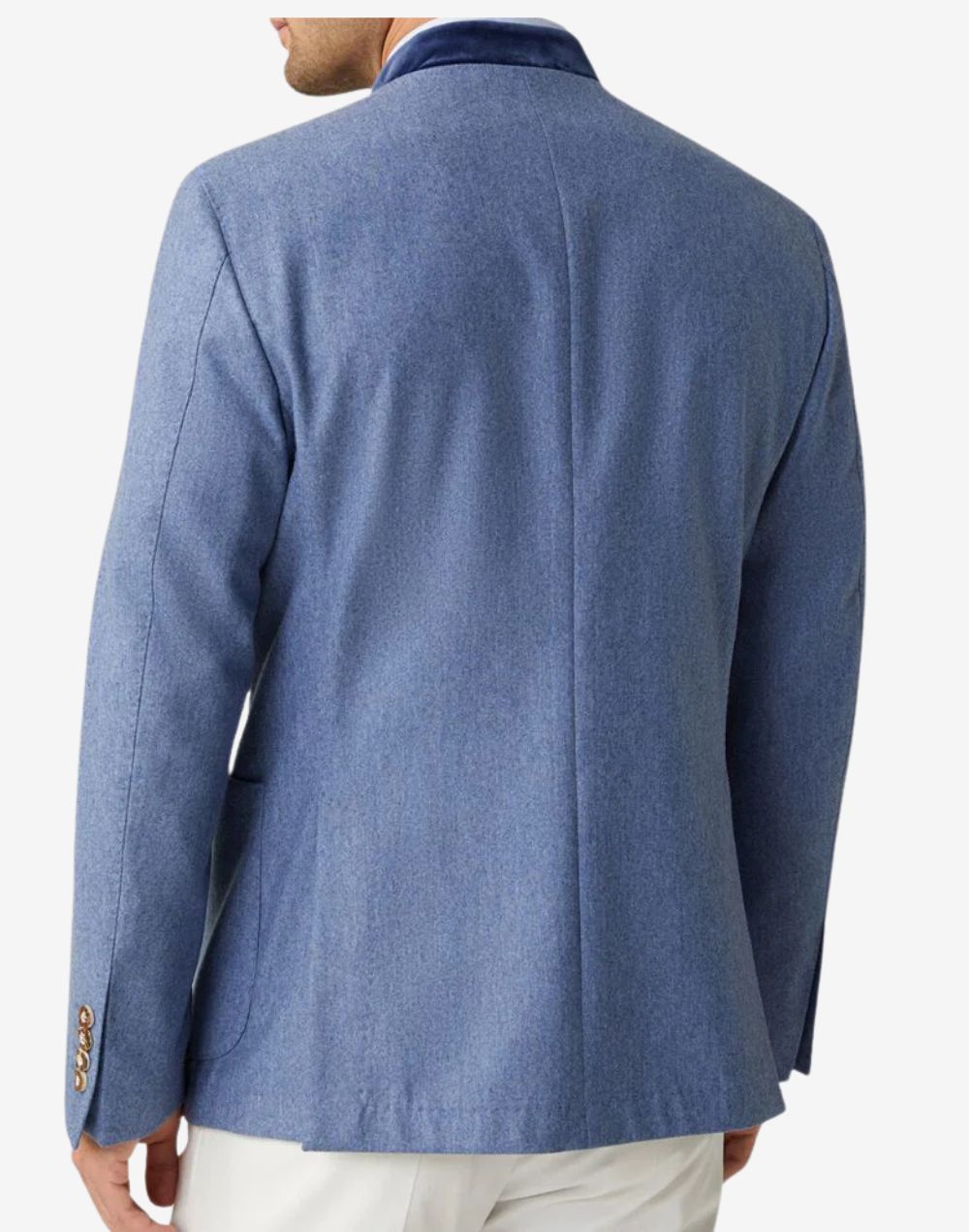 Back view of light blue wool Trachten jacket for men showcasing clean tailored silhouette, smooth wool texture, structured fit, and classic Bavarian traditional outerwear for Oktoberfest wear.