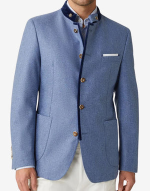 Detailed front view of mens light blue wool Trachten jacket highlighting premium wool fabric, contrast collar trim, classic button closure, chest pocket, and refined Bavarian Oktoberfest style.