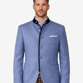 Front view of light blue wool Trachten jacket for men featuring traditional Bavarian design, stand collar with contrast trim, decorative buttons, tailored fit, and elegant Oktoberfest styling.