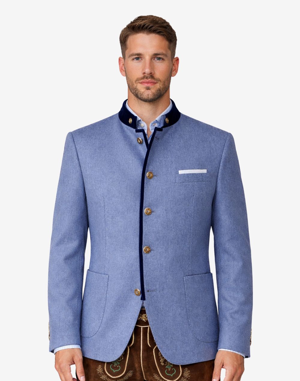 Front view of light blue wool Trachten jacket for men featuring traditional Bavarian design, stand collar with contrast trim, decorative buttons, tailored fit, and elegant Oktoberfest styling.