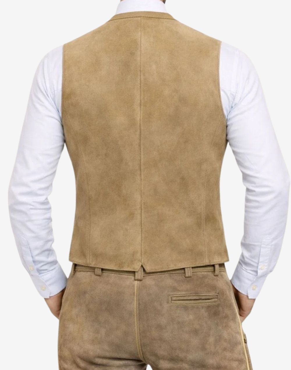 Back view of mens light brown suede Trachten vest showing smooth finish and tailored alpine fit.