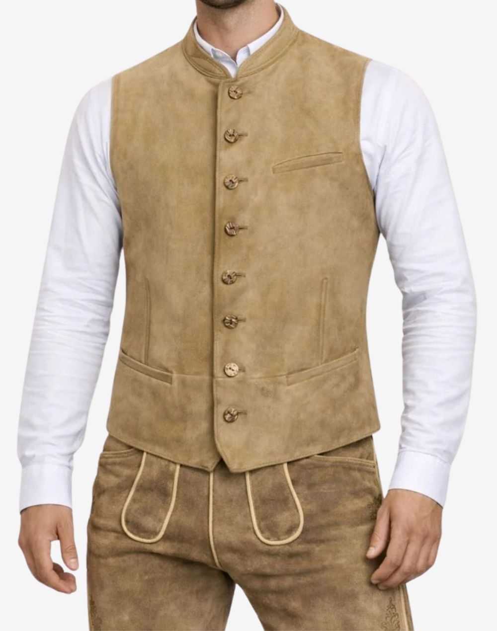 Close-up of light brown suede Trachten vest for men featuring traditional horn buttons, soft suede texture and classic Bavarian styling.