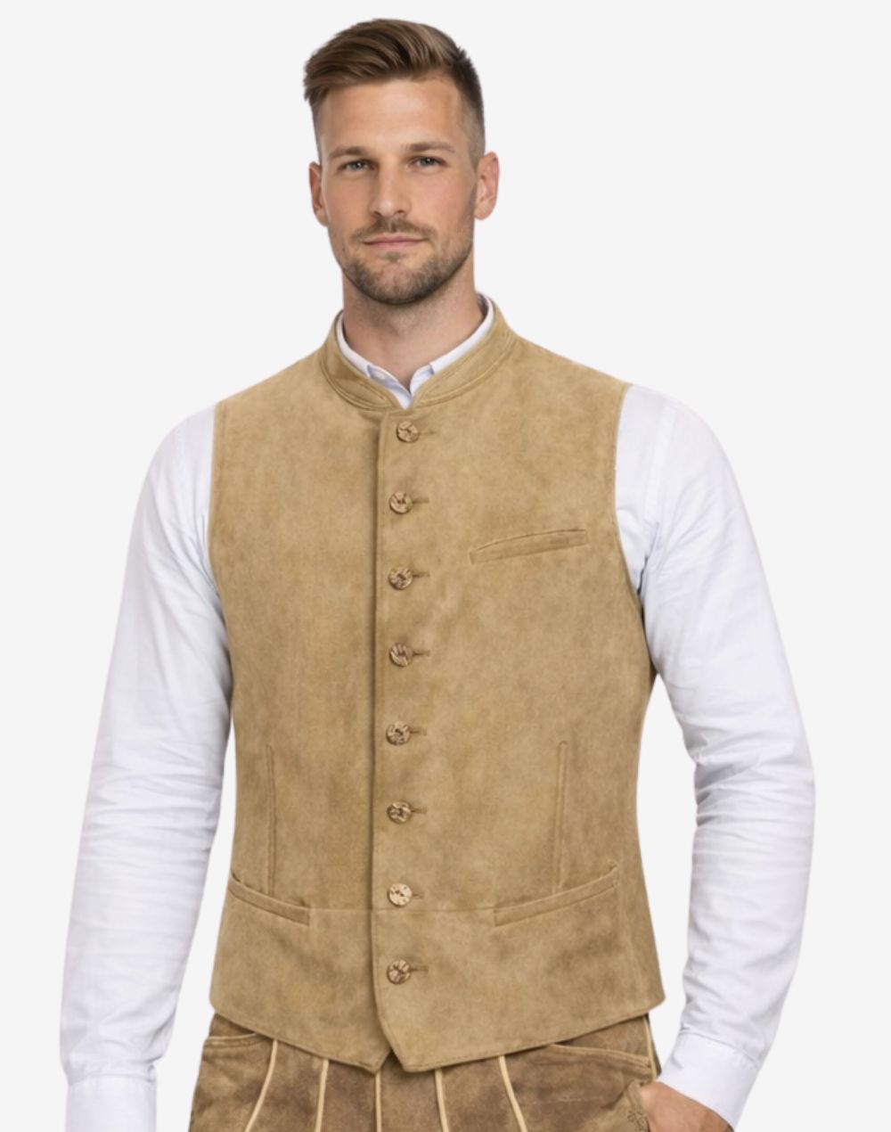 Model wearing light brown suede Trachten vest paired with white shirt and lederhosen for Oktoberfest outfit.