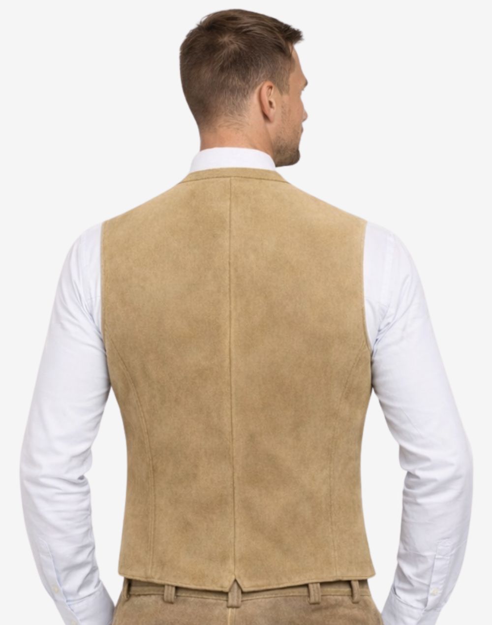 Rear view of model wearing light brown suede Trachten vest highlighting clean stitching and traditional Bavarian silhouette.