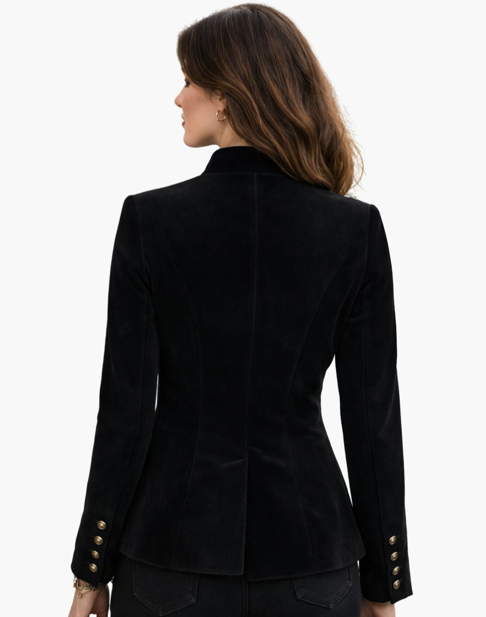 Black blazer with gold buttons worn by a person on a white background