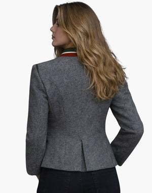 Woman wearing a gray blazer on a white background