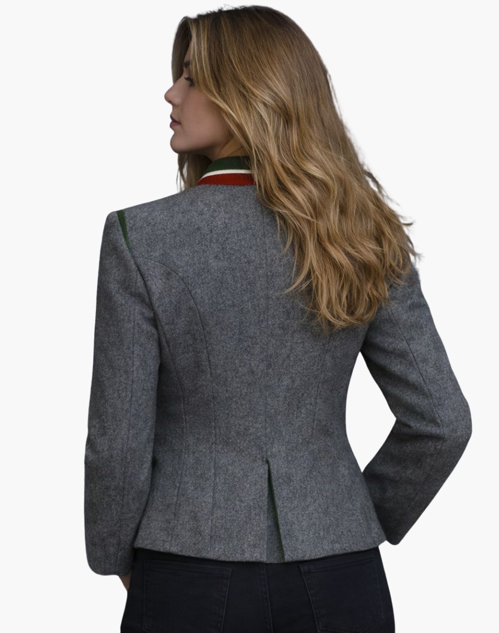 Woman wearing a gray blazer on a white background
