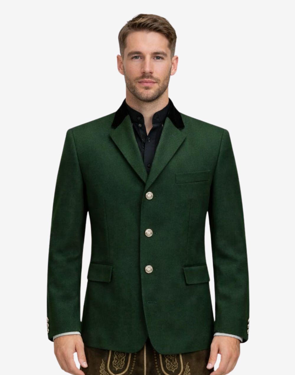 Front view of model wearing Luxury Bavarian Trachten Jacket in deep green with black velvet collar and silver buttons