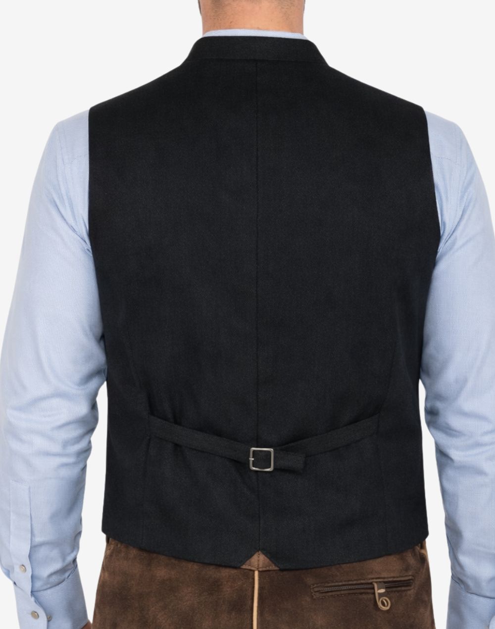 Back view of model wearing Luxury Bavarian Trachten Vest featuring black rear panel and adjustable waist buckle