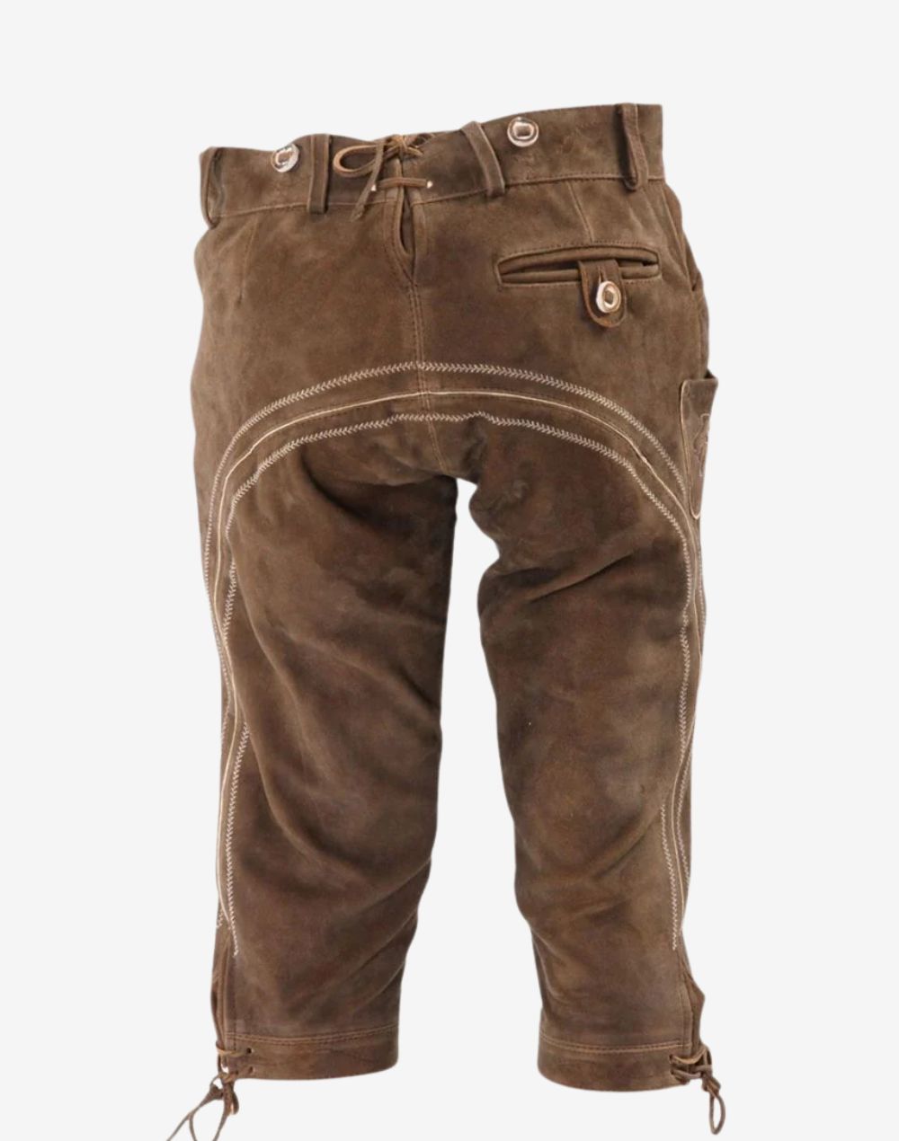 Rear view of luxury leather bundhosen showing back pocket detail, decorative stitching and authentic alpine leather craftsmanship
