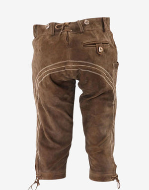 Rear view of luxury leather bundhosen showing back pocket detail, decorative stitching and authentic alpine leather craftsmanship