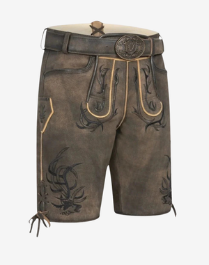 German Oktoberfest outfit lederhosen for men grey bundhosen with stag antler design