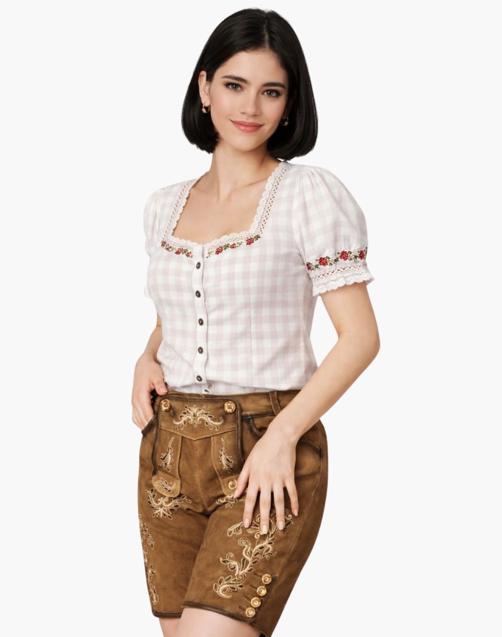 Woman wearing a traditional outfit with a white top and brown pants on a white background