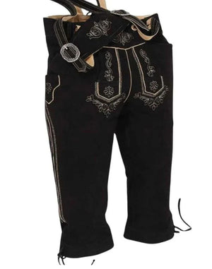 Black embroidered traditional pants with a belt on a white background