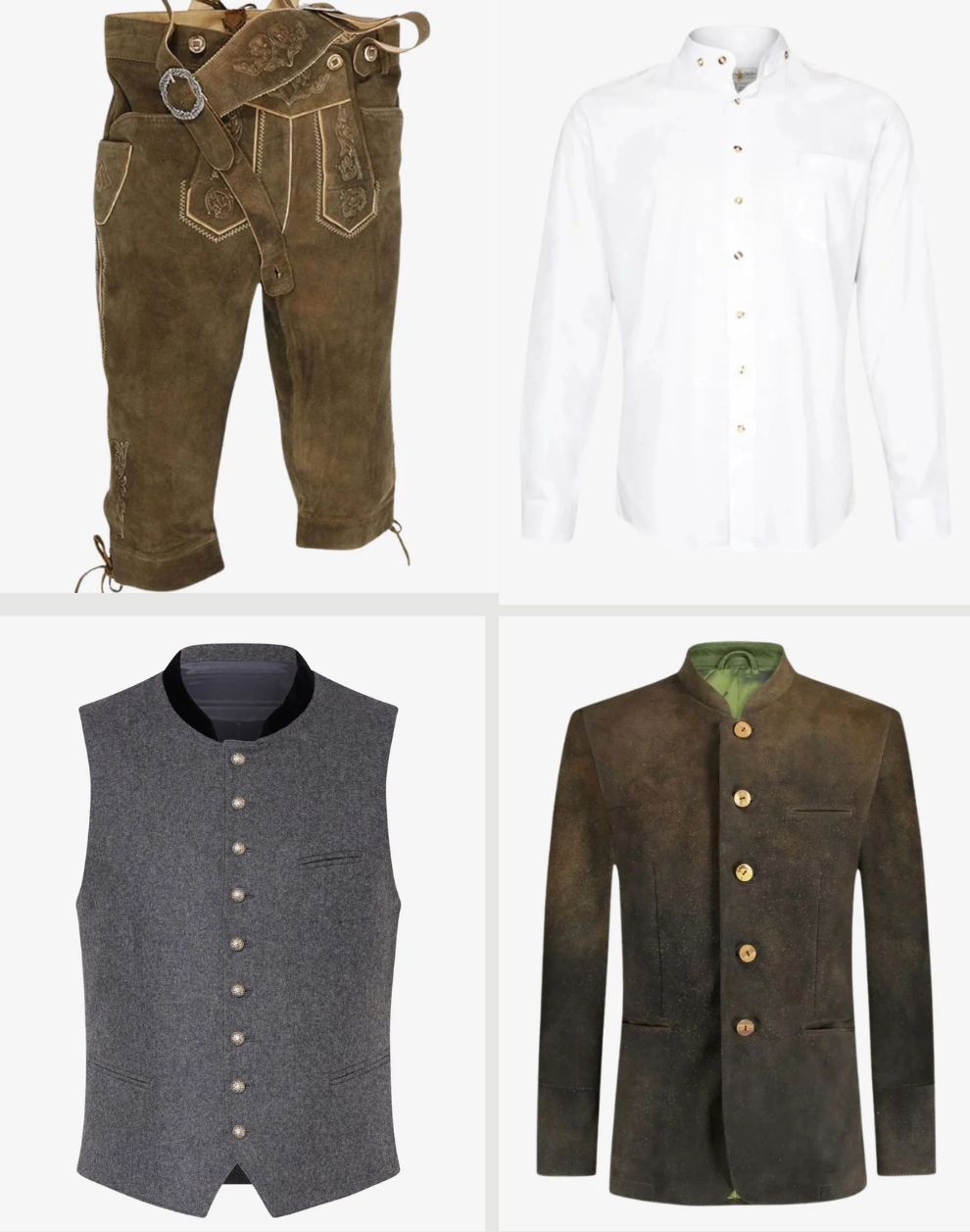 Traditional Bavarian clothing items including pants, shirt, vest, and jacket on a white background.