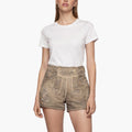 Woman wearing a white t-shirt and brown shorts on a white background