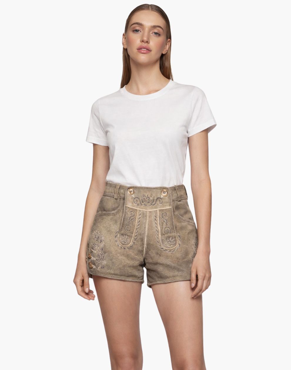 Woman wearing a white t-shirt and brown shorts on a white background