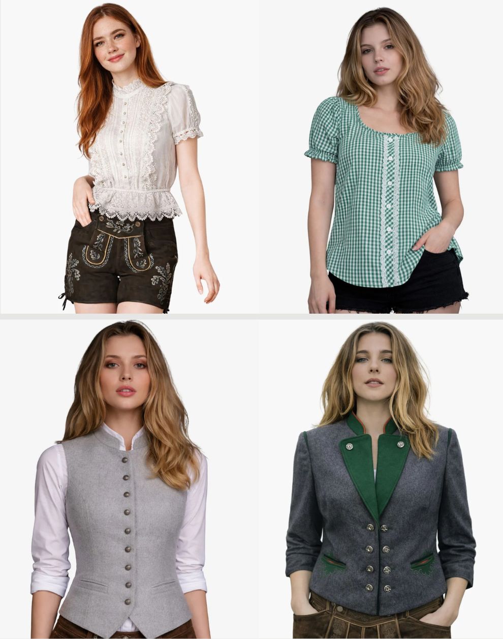 Four images of a woman wearing different outfits on a white background