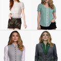 Four images of a woman wearing different outfits on a white background