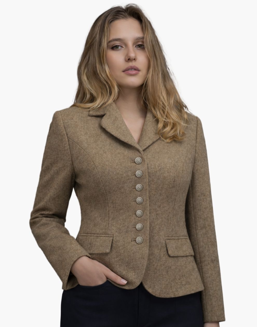Woman wearing a brown blazer with buttons on a white background