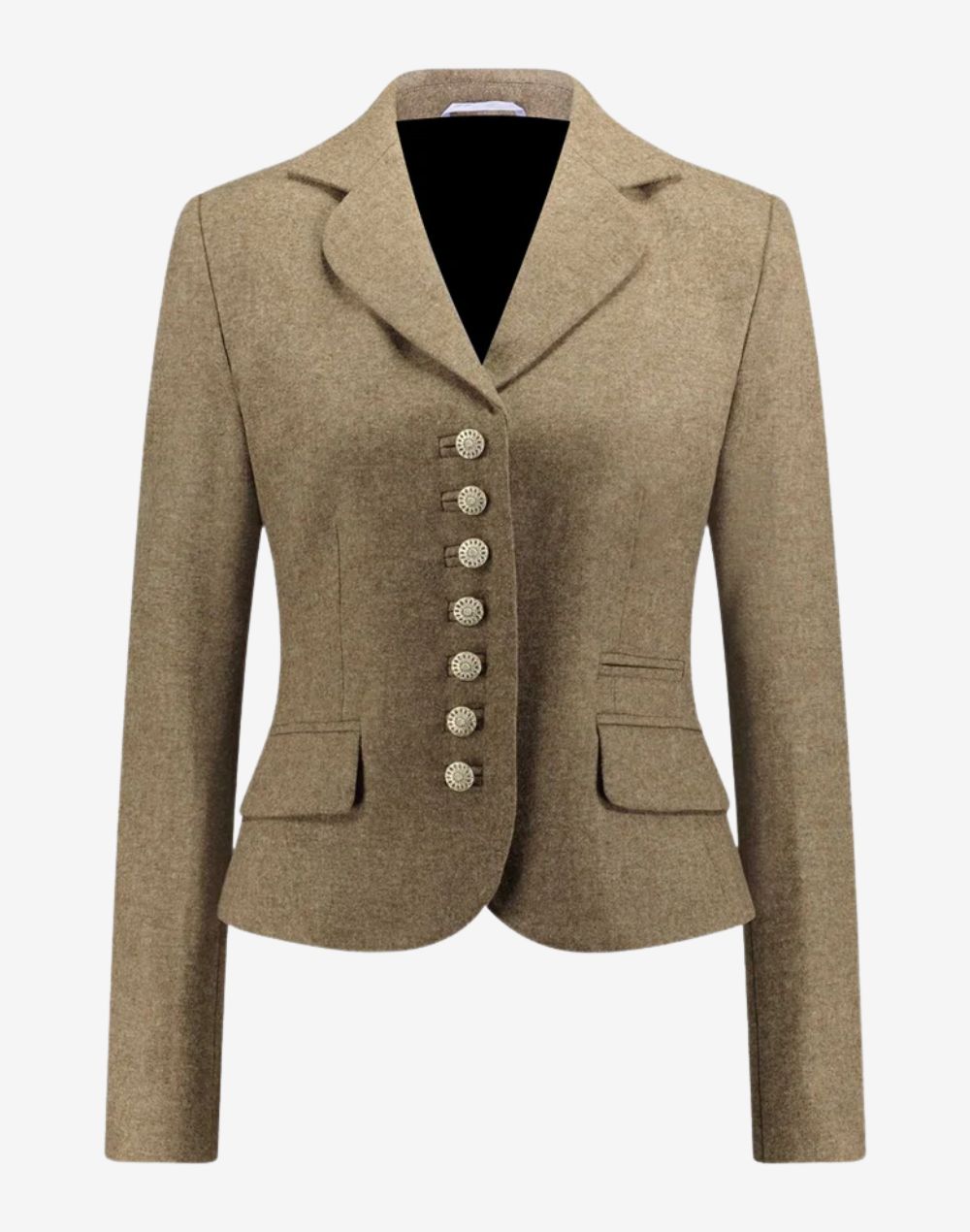 Front view of a women’s beige Bavarian-style trachten jacket with a tailored fit, notched lapel collar, decorative metal buttons, long sleeves, and flap pockets, designed in a classic Alpine heritage style.