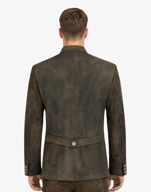 Brown suede jacket worn by a person on a white background