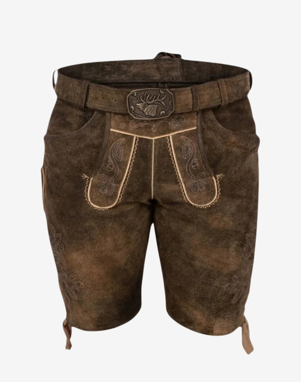 Men Alpine Champion Lederhosen brown suede leather shorts with deer buckle belt, embroidered front bib, and side pockets