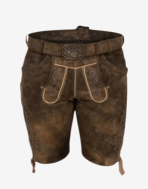 Men Alpine Champion Lederhosen brown suede leather shorts with deer buckle belt, embroidered front bib, and side pockets