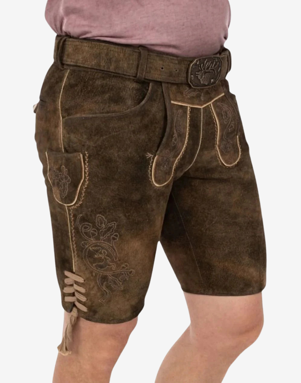Men Alpine Champion Lederhosen angled front view showing contrast piping, thigh embroidery, and lace-up leg hem ties