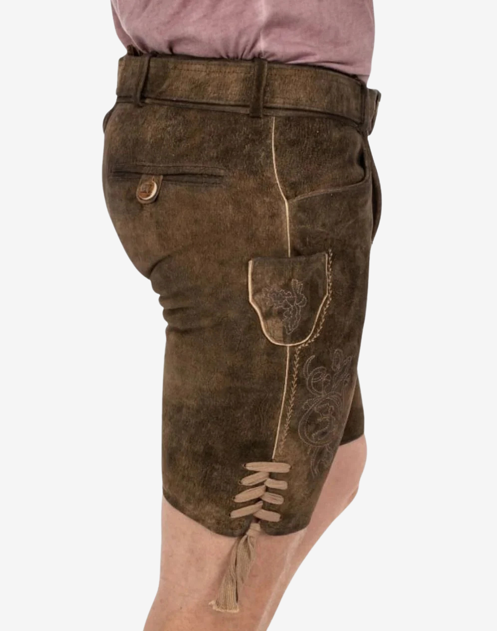 Men Alpine Champion Lederhosen side view with stitched pocket panel, rustic suede texture, and decorative floral embroidery