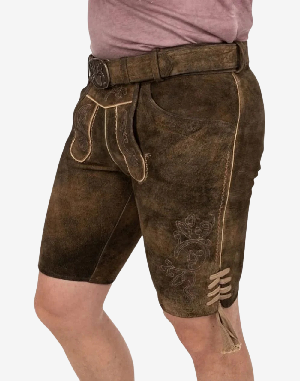Men Alpine Champion Lederhosen three-quarter view highlighting traditional bib flap, belt fit, and lace-up side hem detail