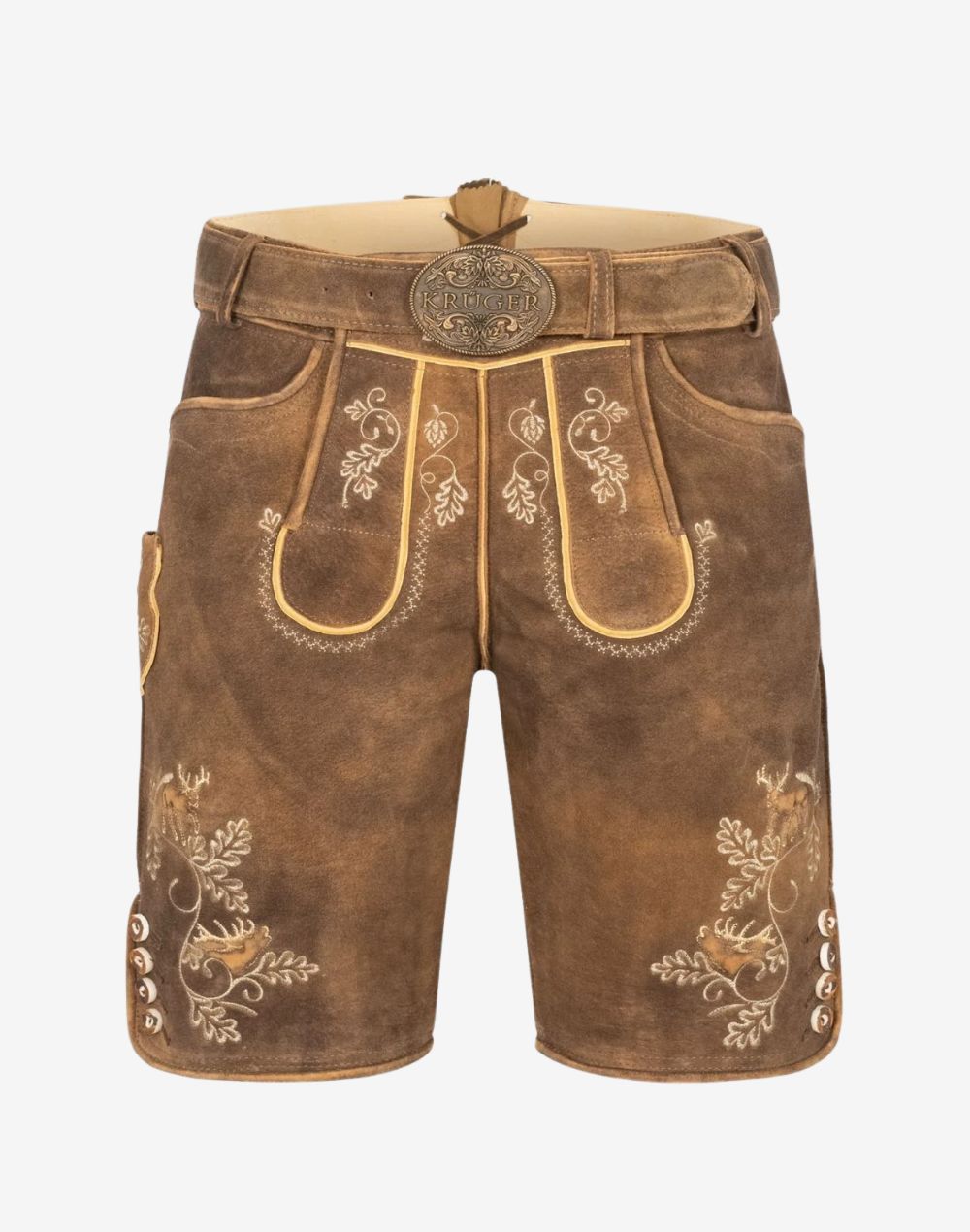 Men Bavarian Tan Lederhosen tan suede leather shorts with embroidered front bib, ornate belt buckle, and deer motif detailing