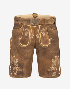 Men Bavarian Tan Lederhosen tan suede leather shorts with embroidered front bib, ornate belt buckle, and deer motif detailing