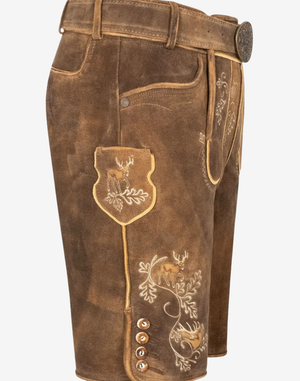 Men Bavarian Tan Lederhosen side view showing deer patch pocket, contrast piping, and embroidered leg design with button accents