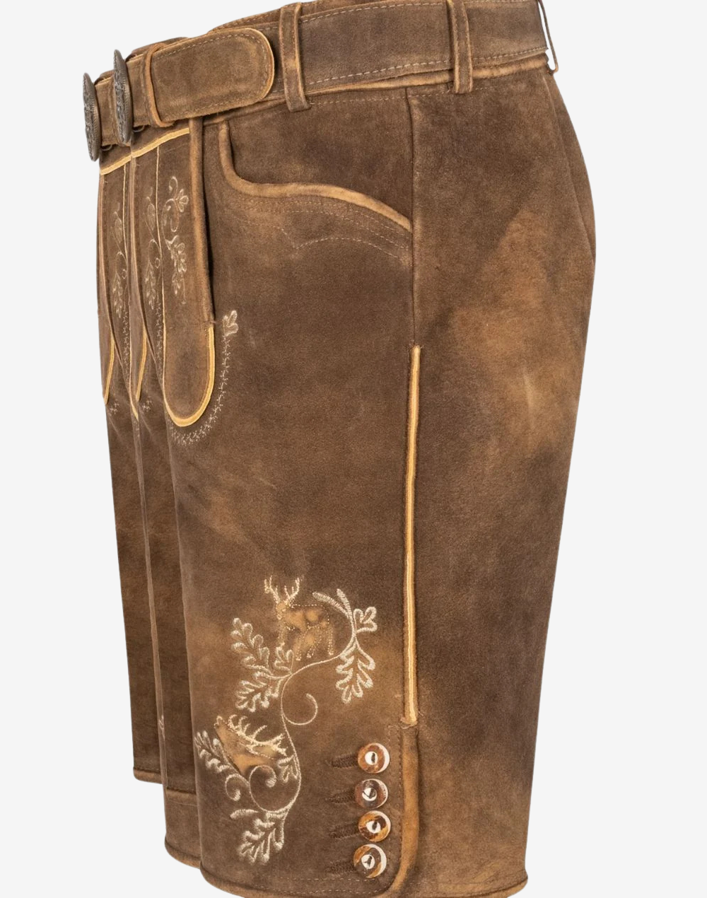 Men Bavarian Tan Lederhosen side profile highlighting suede texture, embroidered thigh motif, and buttoned leg hem detailing