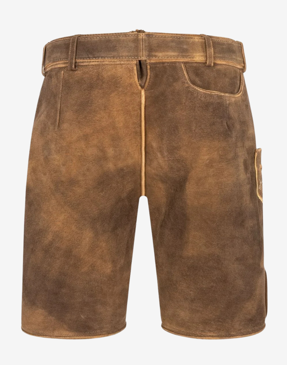 Men Bavarian Tan Lederhosen back view showing classic leather short cut, rear seam shaping, and smooth suede finish