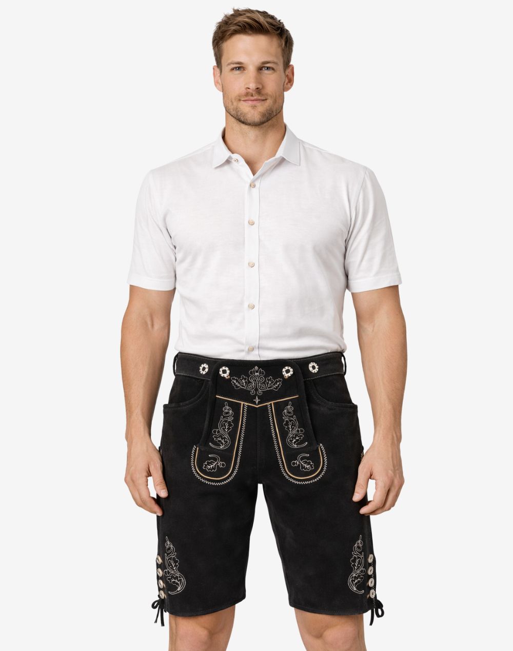 Front view of model wearing Men Black Trachten Lederhosen in black leather with Bavarian embroidery and traditional belt buckle