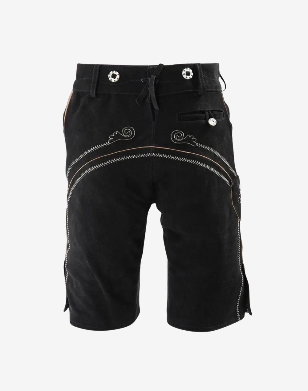 Men Black Trachten Lederhosen back view with curved contrast stitching, rear pockets, and traditional Bavarian-style detailing