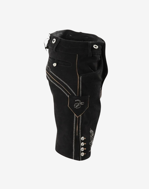 Men Black Trachten Lederhosen side angle showing stitched pocket detail, decorative embroidery, and button accents on leg