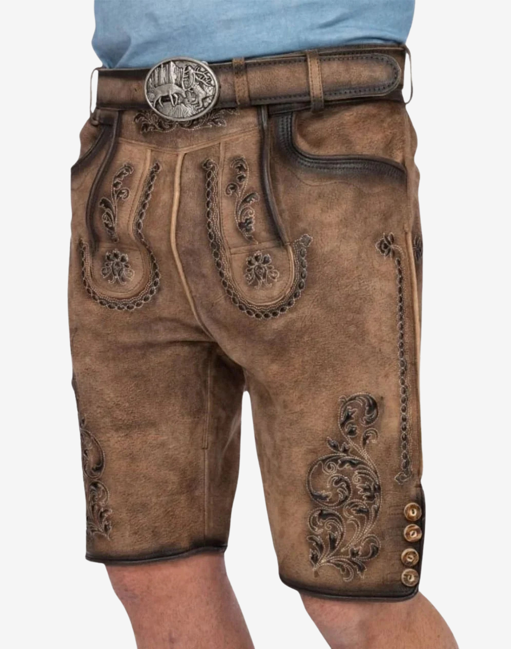 Men Forest Scene Suede Lederhosen angled front view with embroidered bib panels, contrast piping, and carved floral thigh embroidery