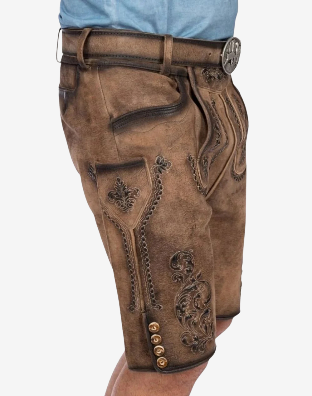 Men Forest Scene Suede Lederhosen side view showing textured suede finish, embroidered pocket panel, and decorative button accents