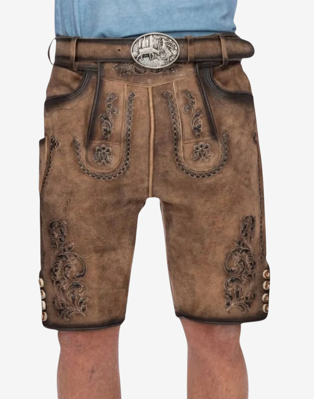 Men Forest Scene Suede Lederhosen front view highlighting forest buckle, embroidered bib stitching, and decorative leg embroidery