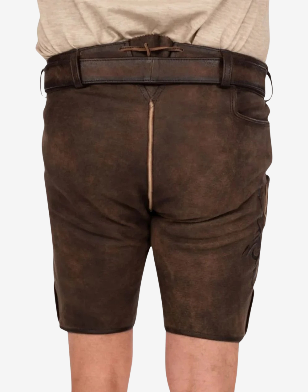 Men Festday Classic Lederhosen back view showing classic leather short cut, rear seam stitching, and adjustable belt fit