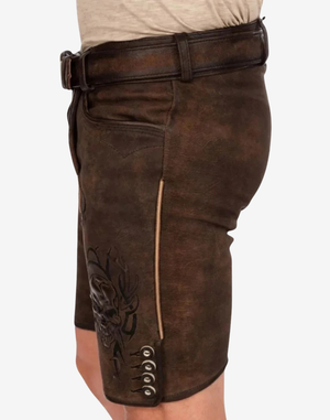 Men Festday Classic Lederhosen profile view highlighting smooth suede texture, contrast seam piping, and side button accents