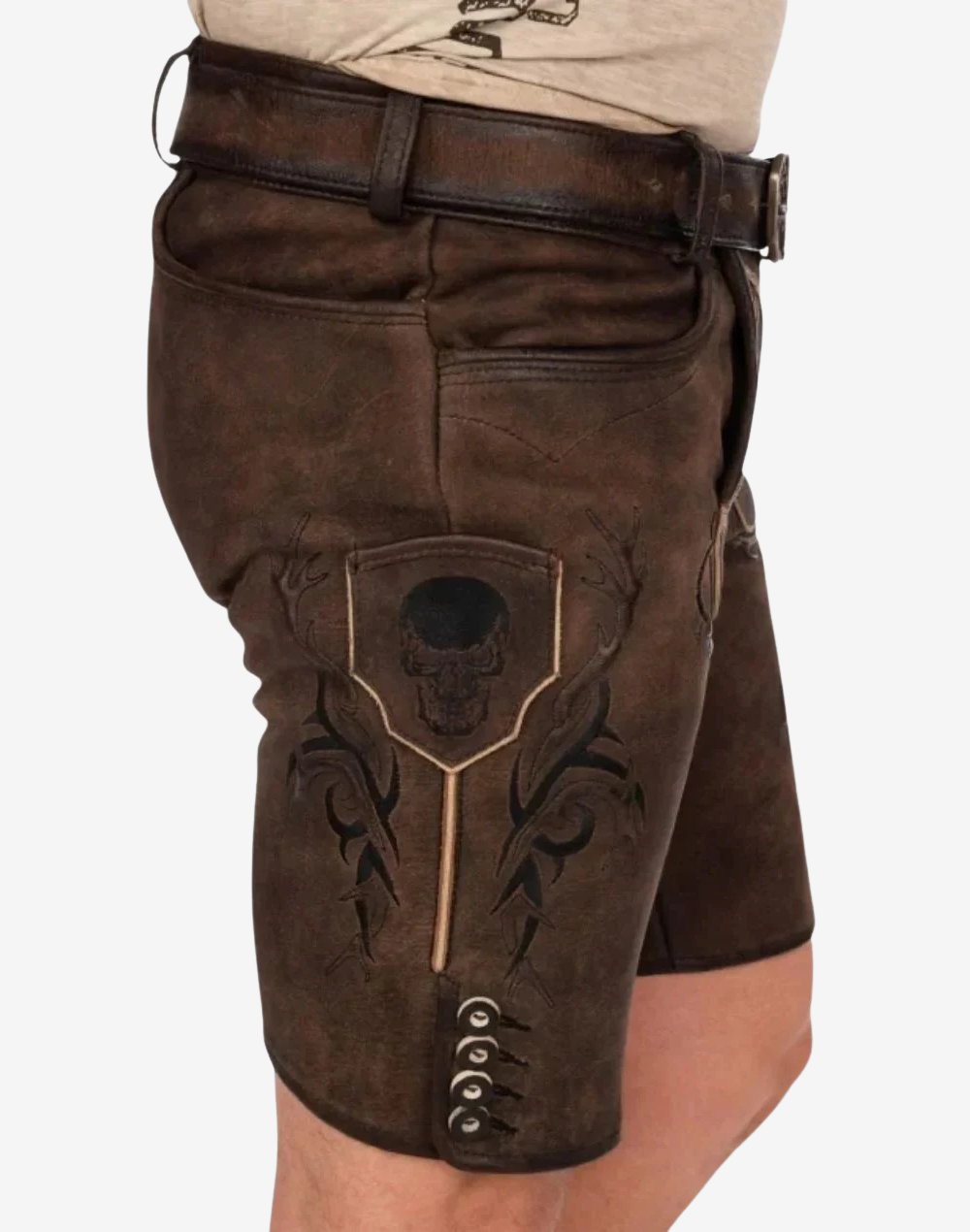 Men Festday Classic Lederhosen side view with stitched pocket panel, buttoned leg hem, and embroidered thigh motif