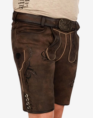 Men Festday Classic Lederhosen angled front view showing bib piping detail, belt buckle, and vintage leather finish