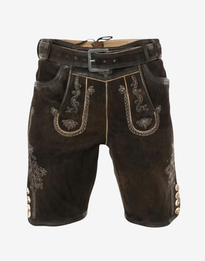 Men Regal Crest Lederhosen traditional Trachten shorts in dark brown with embroidered front bib and adjustable belt
