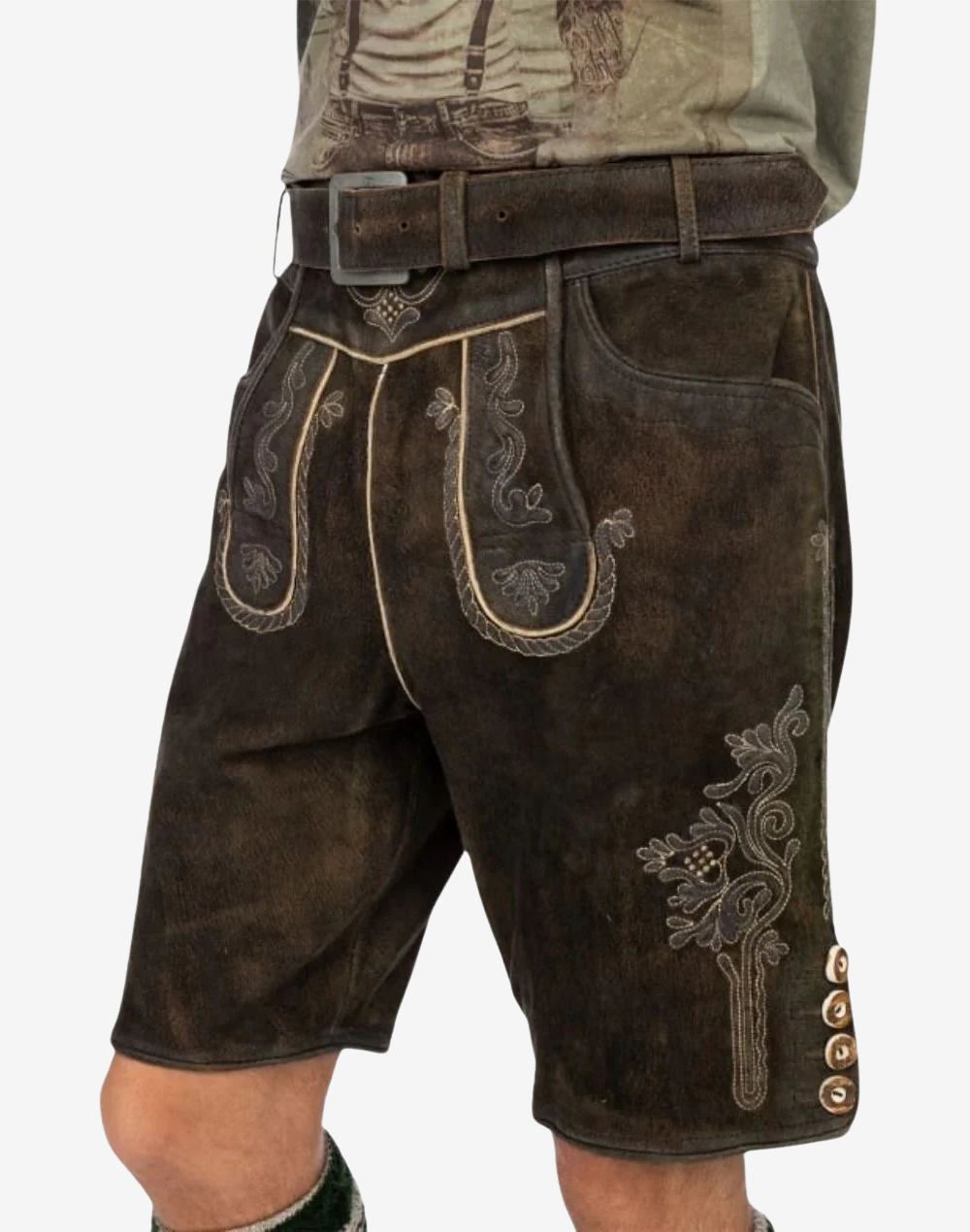 Men Regal Crest Lederhosen worn on model, front angle showing classic bib embroidery, belt buckle, and side pockets