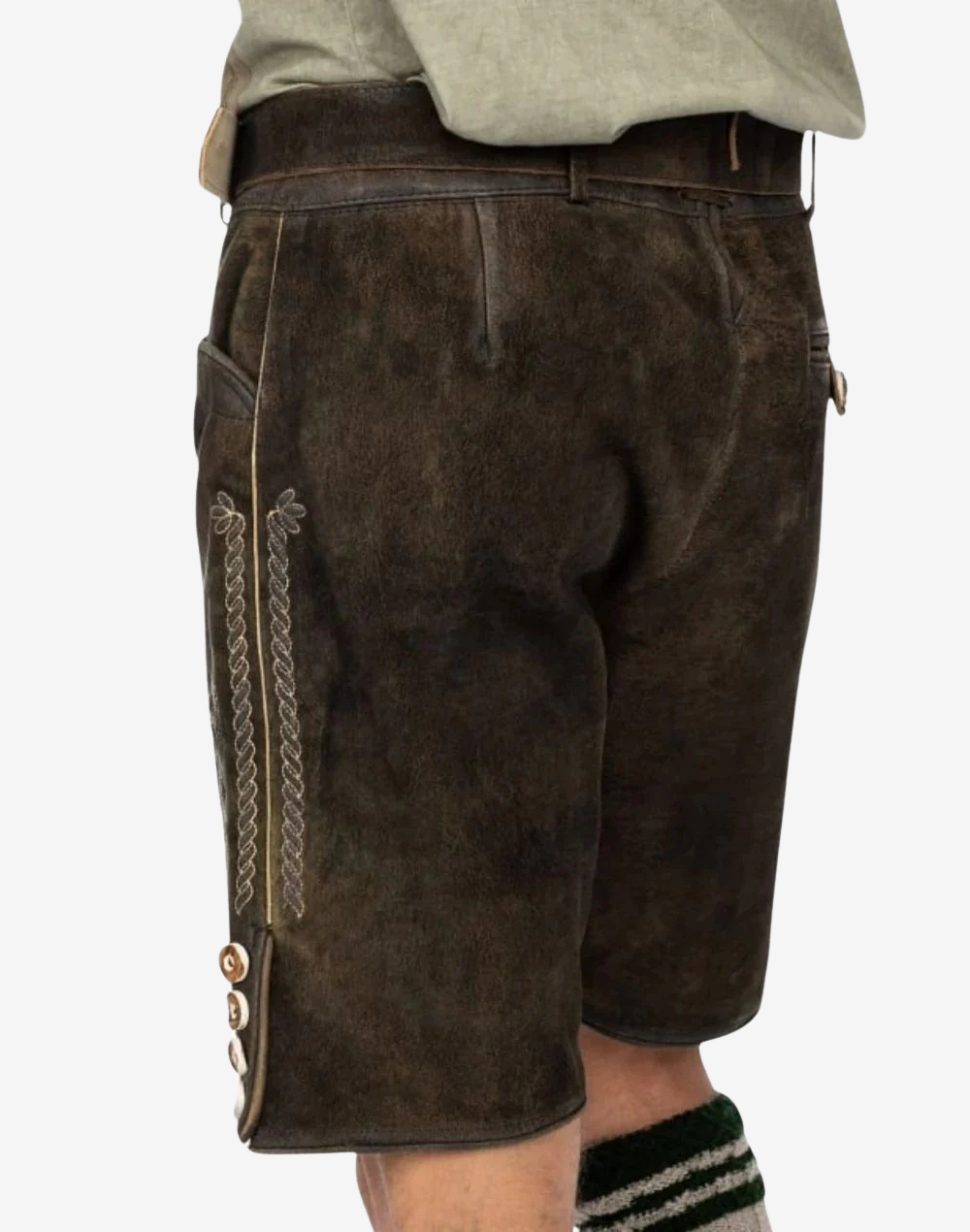 Men Regal Crest Lederhosen back view on model with traditional Trachten cut, rear seams, and side button accents