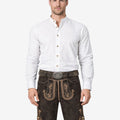 Model wearing suede charcoal lederhosen for men in dark leather with traditional Bavarian embroidery and belt buckle